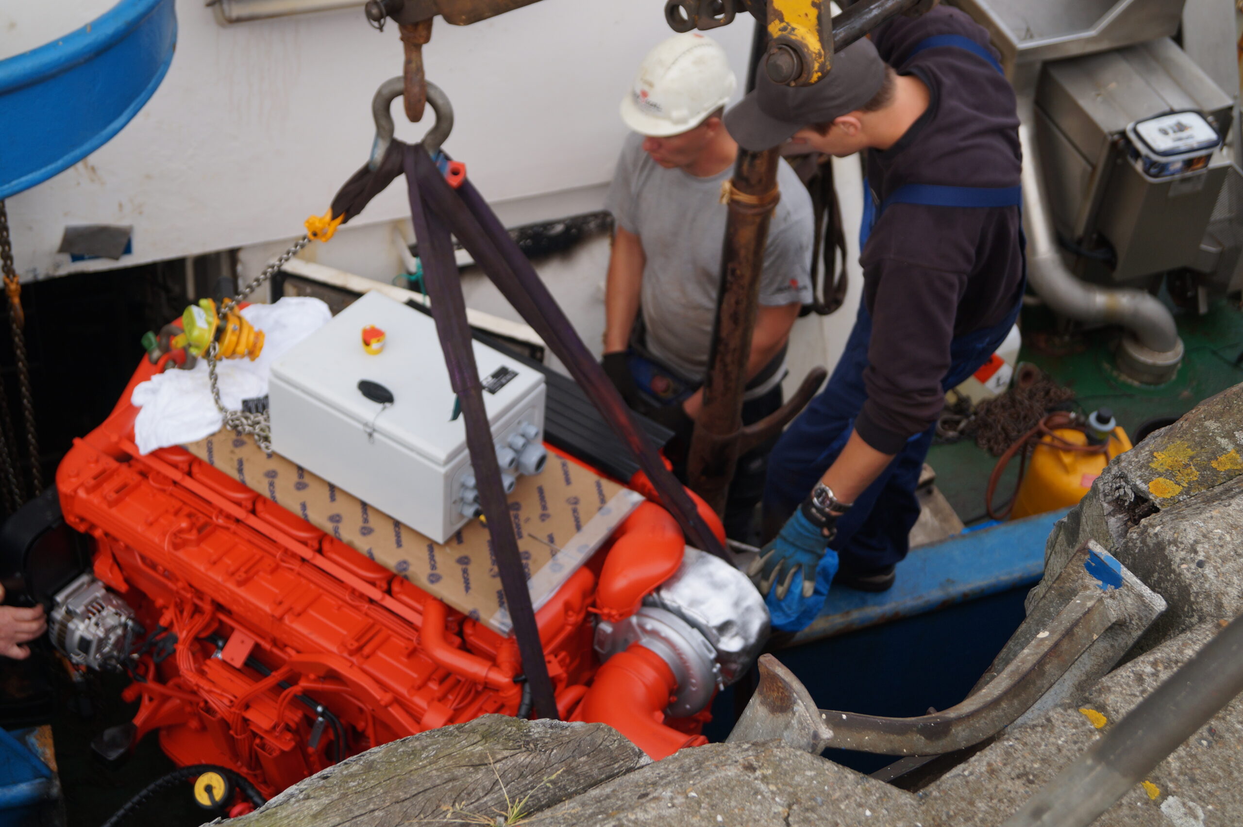 Scania Engine hoisted into boat